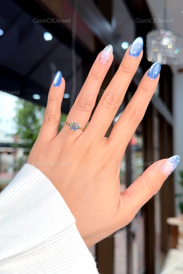 Round Moissanite With Diamond Engagement Ring, Lotus Prong 1.5CT With Solitaire Band, Six Petal Prong Bridal Ring, 1.50CT Round Cut Ring