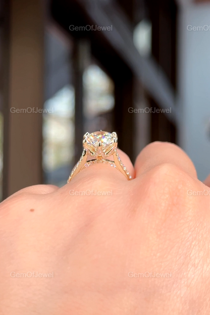 3CT Round Diamond Moissanite Engagement Ring, Petal Prong Of Moissanite Diamonds Ring, With Pave Eternity And Diamonds On The Bridge Ring