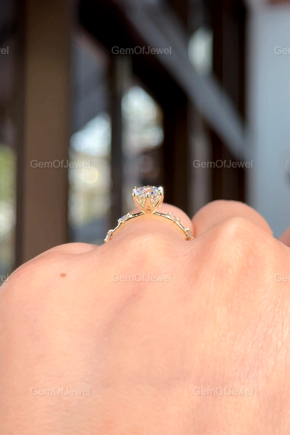 Round Diamond Moissanite Vintage Ring With Lotus Prong Of Round Moissanite Diamond And Bubble Design Band, Round Moissanite Vintage Ring