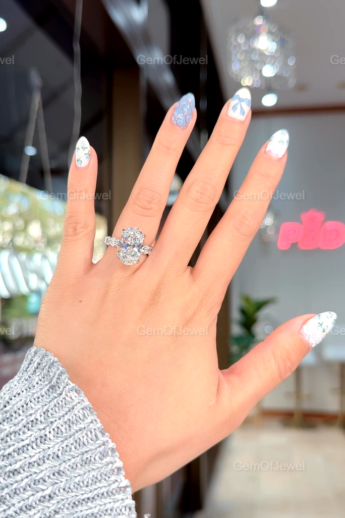 Oval Diamond Moissanite Vintage Ring With Oval Cut Pave Eternity Moissanite Diamond And Hidden Halo Ring, Oval Moissanite Vintage Halo Ring