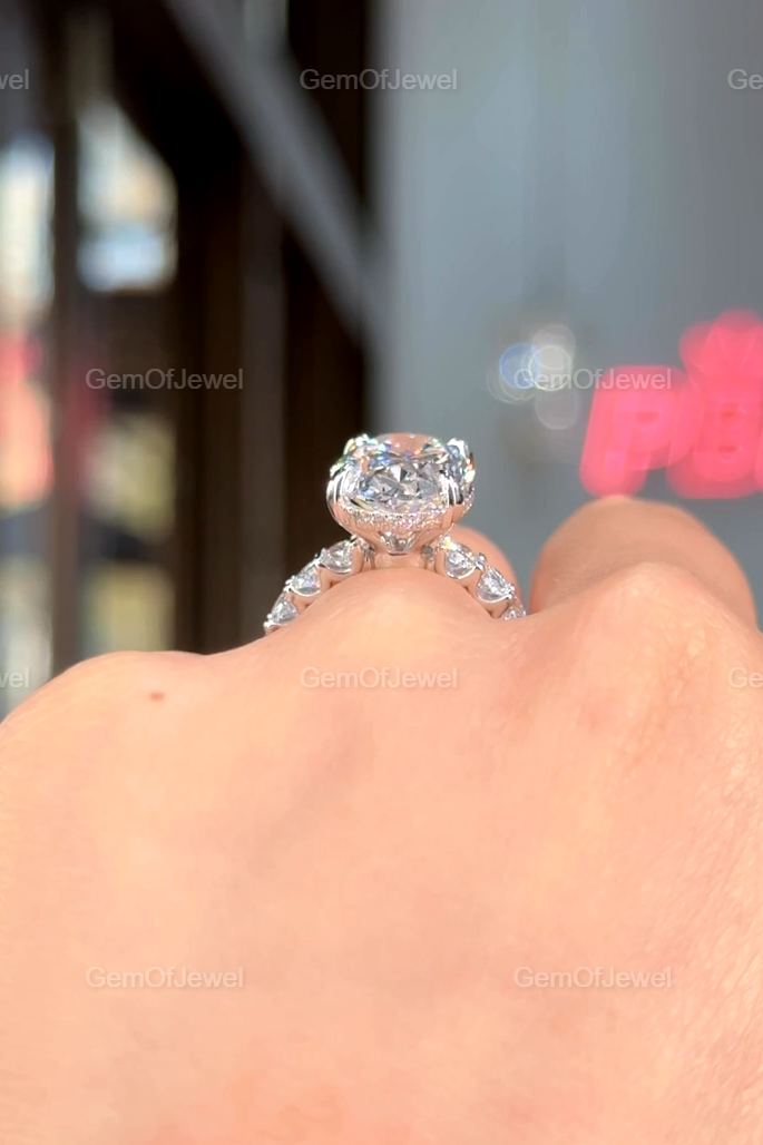 Oval Diamond Moissanite Vintage Ring With Oval Cut Pave Eternity Moissanite Diamond And Hidden Halo Ring, Oval Moissanite Vintage Halo Ring