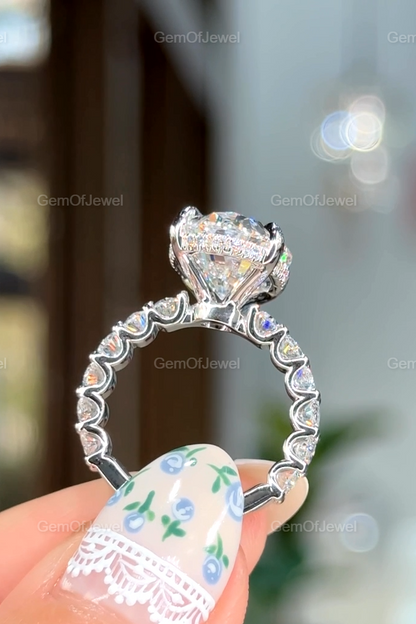 Oval Diamond Moissanite Vintage Ring With Oval Cut Pave Eternity Moissanite Diamond And Hidden Halo Ring, Oval Moissanite Vintage Halo Ring