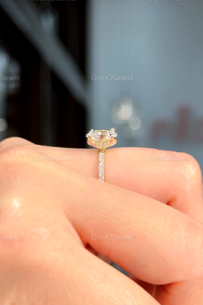 1CT Moissanite Diamond Engagement Ring, Oval Cut With Side Stones And Hidden Halo Diamond Ring, Oval Moissanite Diamond Anniversary Ring