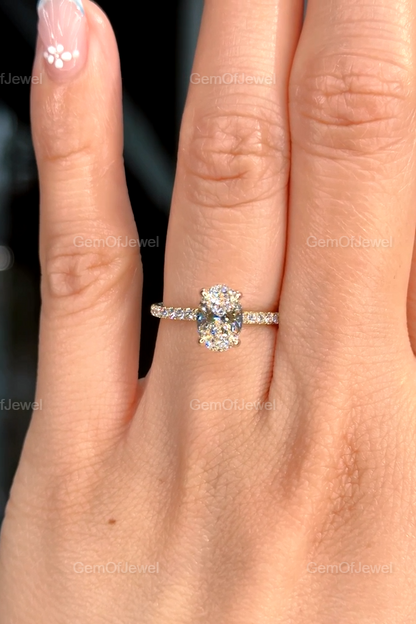 1CT Moissanite Diamond Engagement Ring, Oval Cut With Side Stones And Hidden Halo Diamond Ring, Oval Moissanite Diamond Anniversary Ring
