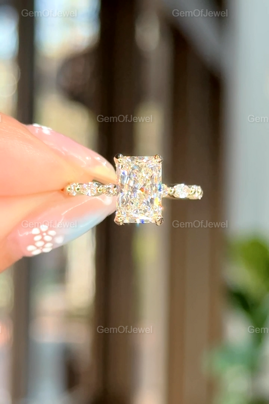Radiant Diamond Moissanite Vintage Ring With Halo Of Round And Marquise Moissanite Diamond And Bubble Band, Radiant Moissanite Halo Ring