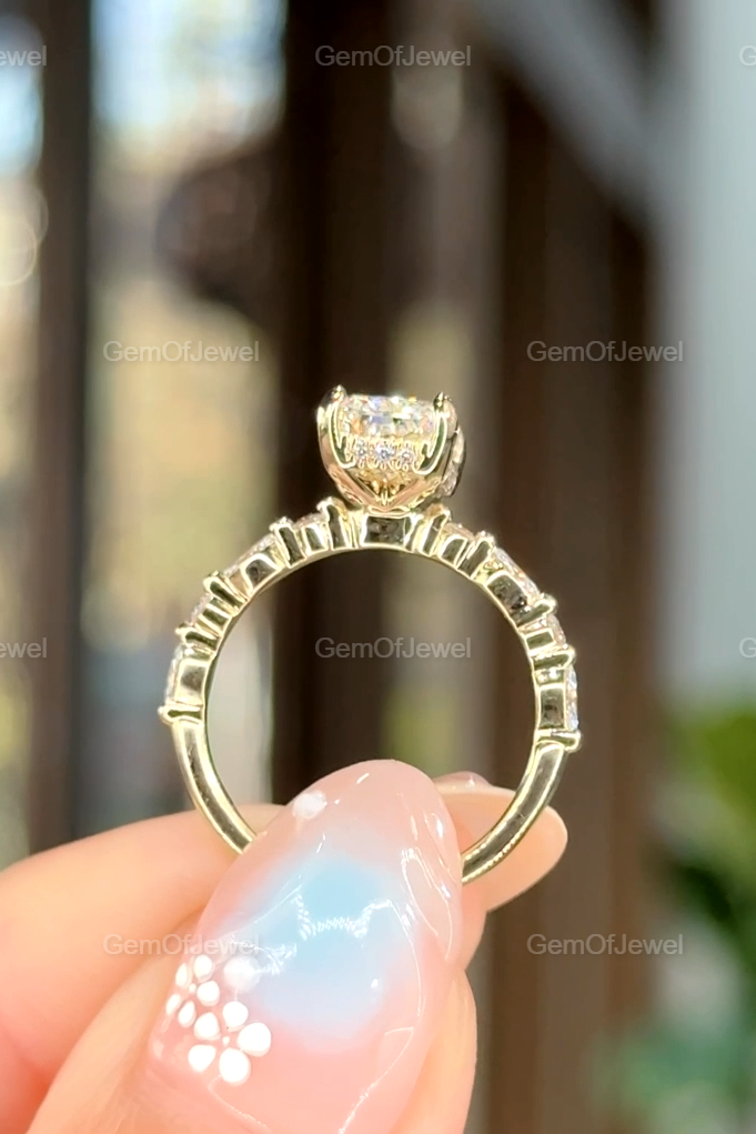 Radiant Diamond Moissanite Vintage Ring With Halo Of Round And Marquise Moissanite Diamond And Bubble Band, Radiant Moissanite Halo Ring