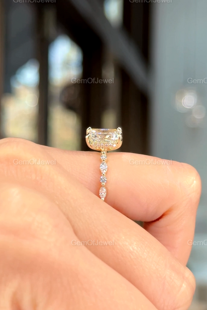 Radiant Diamond Moissanite Vintage Ring With Halo Of Round And Marquise Moissanite Diamond And Bubble Band, Radiant Moissanite Halo Ring