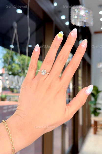 Radiant Diamond Moissanite Vintage Ring With Halo Of Round And Marquise Moissanite Diamond And Bubble Band, Radiant Moissanite Halo Ring