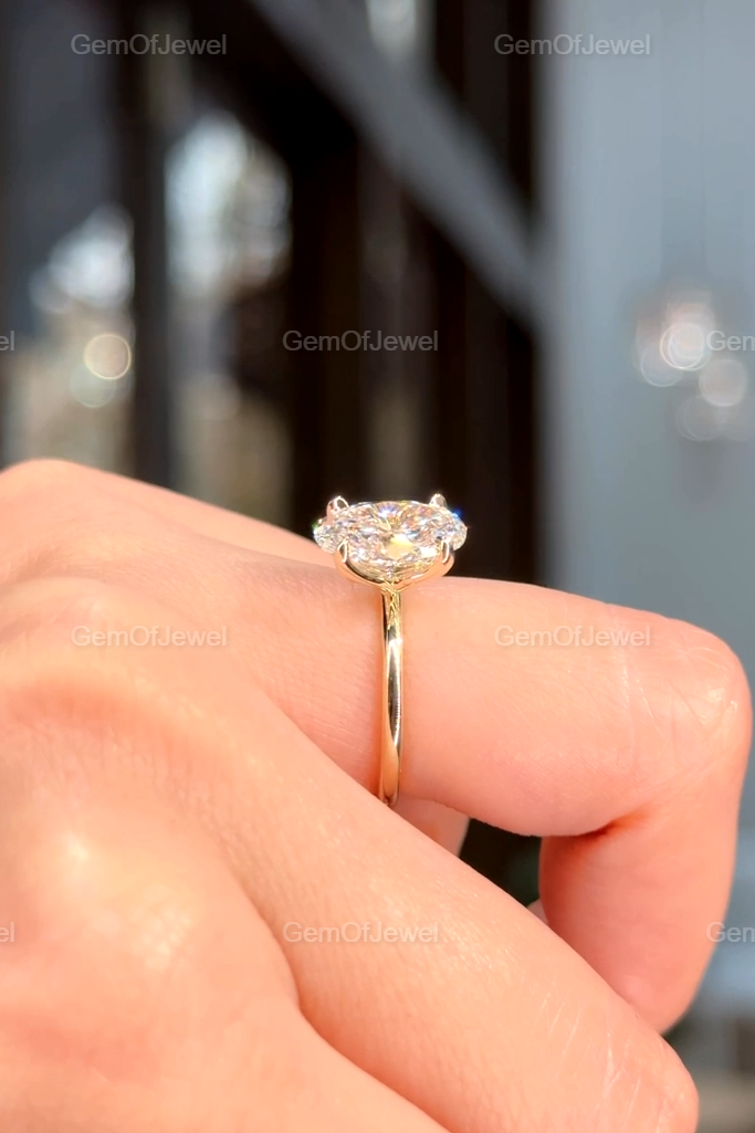 Oval Moissanite With Diamond Engagement Ring, Lotus Prong 2CT With Solitaire Band, Four Petal Prong Bridal Ring, 2CT Oval Cut Diamond Ring
