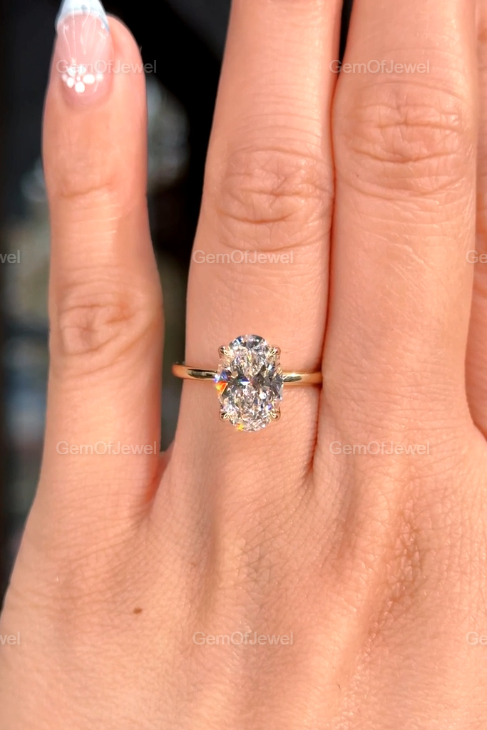 Oval Moissanite With Diamond Engagement Ring, Lotus Prong 2CT With Solitaire Band, Four Petal Prong Bridal Ring, 2CT Oval Cut Diamond Ring
