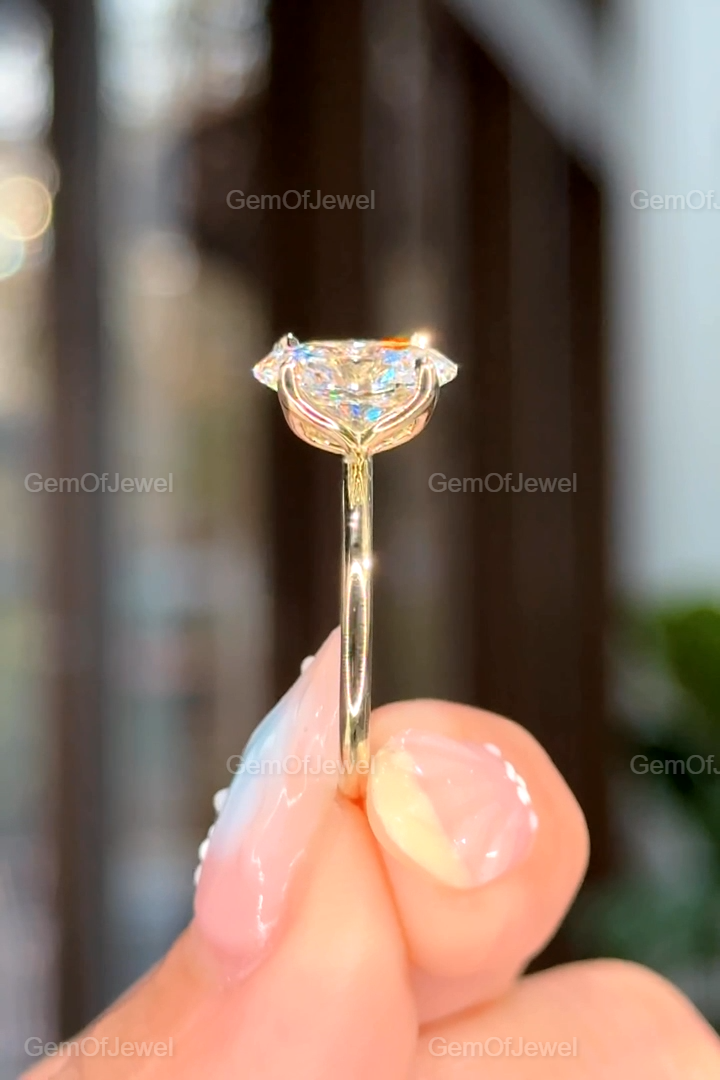 Oval Moissanite With Diamond Engagement Ring, Lotus Prong 2CT With Solitaire Band, Four Petal Prong Bridal Ring, 2CT Oval Cut Diamond Ring