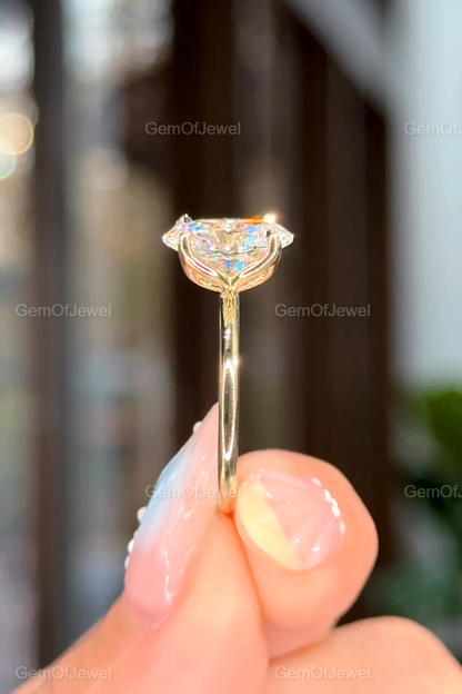 Oval Moissanite With Diamond Engagement Ring, Lotus Prong 2CT With Solitaire Band, Four Petal Prong Bridal Ring, 2CT Oval Cut Diamond Ring