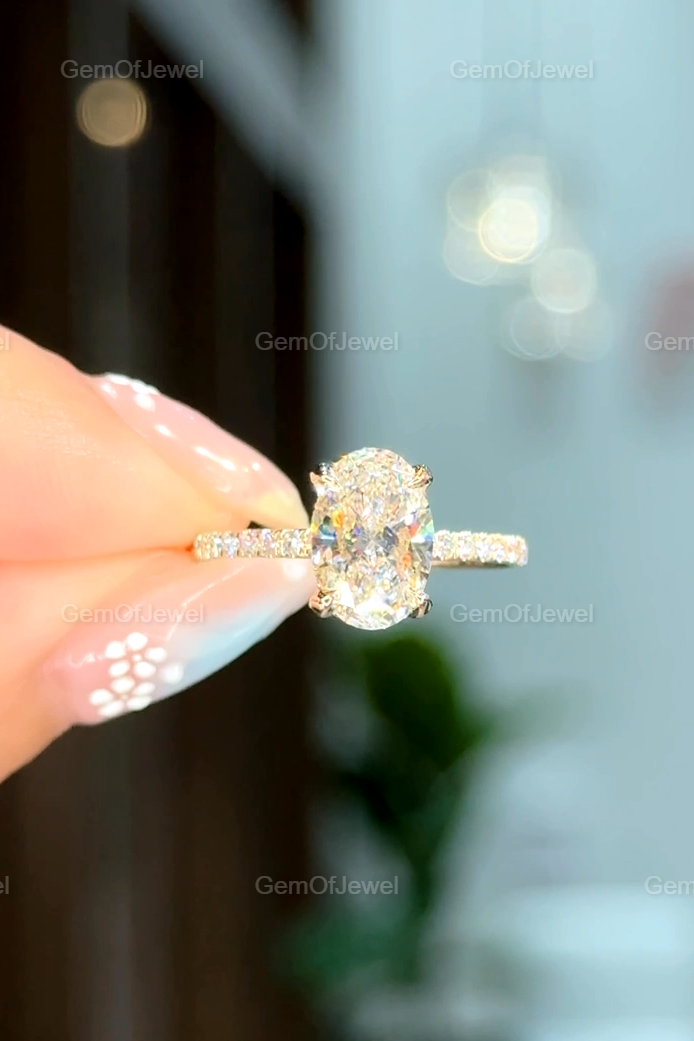 2CT Oval Cut Moissanite Diamond Ring With Hidden Halo And Round Pave Set Eternity Diamonds Wedding Band, Oval Diamond Engagement Ring