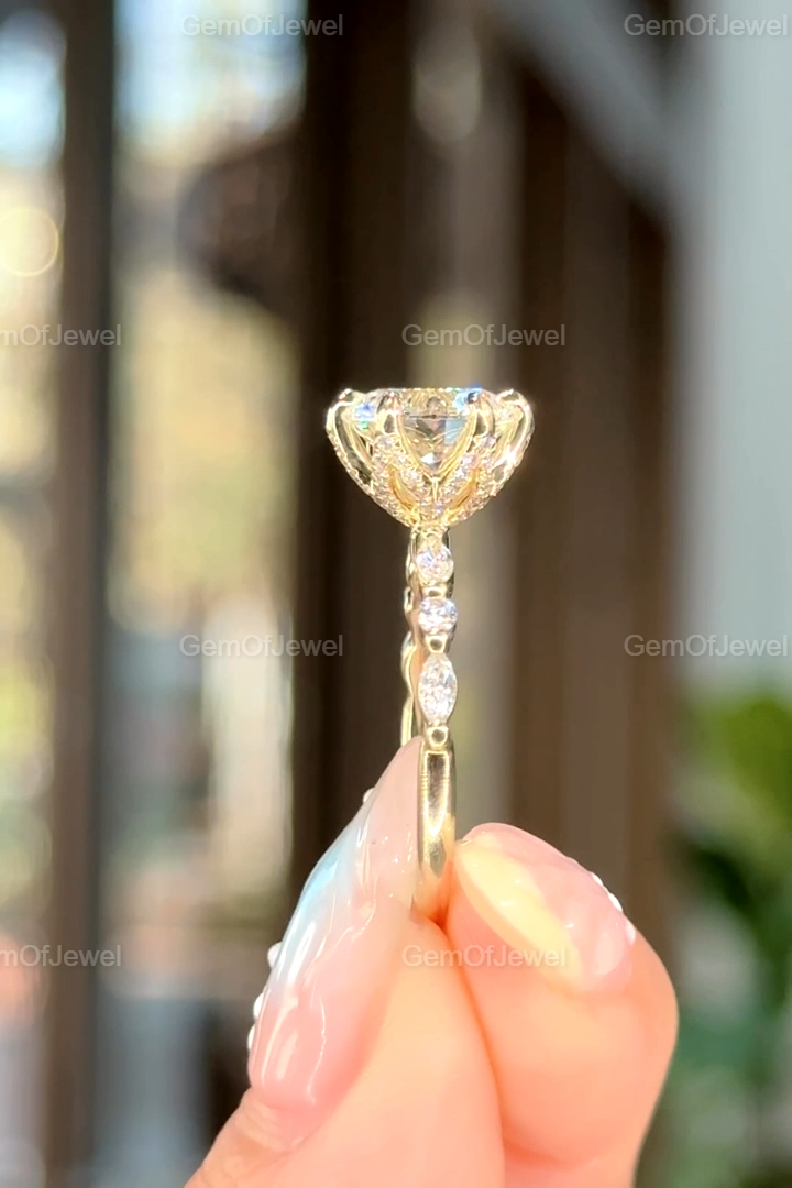 Round Moissanite Ring, Petal Prong Of Moissanite Diamonds Ring, With Side Stone Marquise And Round Moissanite Diamond And Bubble Design Band