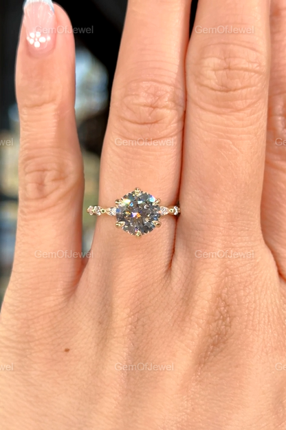 Round Moissanite Ring, Petal Prong Of Moissanite Diamonds Ring, With Side Stone Marquise And Round Moissanite Diamond And Bubble Design Band