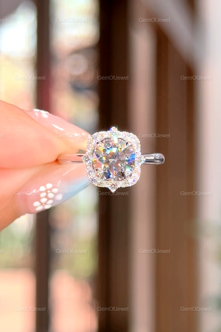 Round Moissanite Diamond 1.50CT Diamond With Flower Shape Halo of Round Moissanite Engagement Ring, With Lotus Prong Halo Diamond Ring