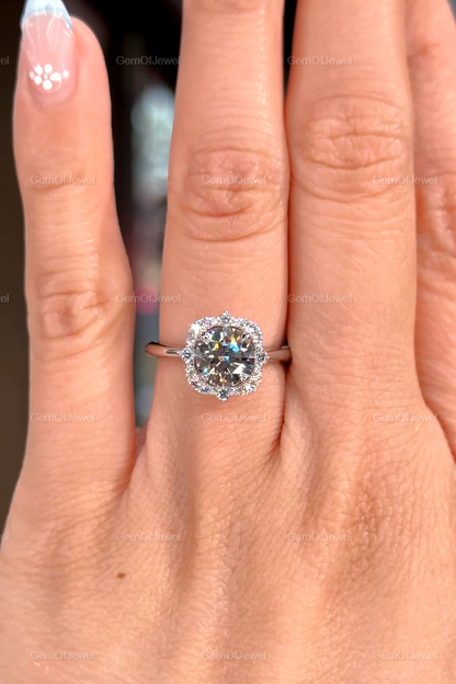 Round Moissanite Diamond 1.50CT Diamond With Flower Shape Halo of Round Moissanite Engagement Ring, With Lotus Prong Halo Diamond Ring