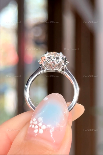 Round Moissanite Diamond 1.50CT Diamond With Flower Shape Halo of Round Moissanite Engagement Ring, With Lotus Prong Halo Diamond Ring