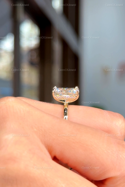 Hidden Halo Radiant Cut Solitaire Ring, 4 CT Radiant Cut Moissanite Diamond Ring, 14K Solid Yellow Gold Engagement Ring, Dainty Promise Ring