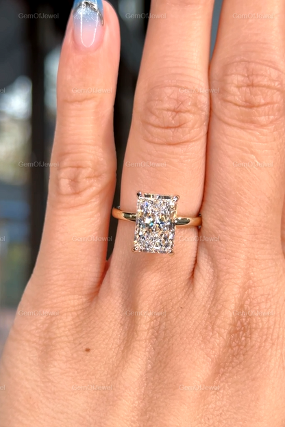 Hidden Halo Radiant Cut Solitaire Ring, 4 CT Radiant Cut Moissanite Diamond Ring, 14K Solid Yellow Gold Engagement Ring, Dainty Promise Ring