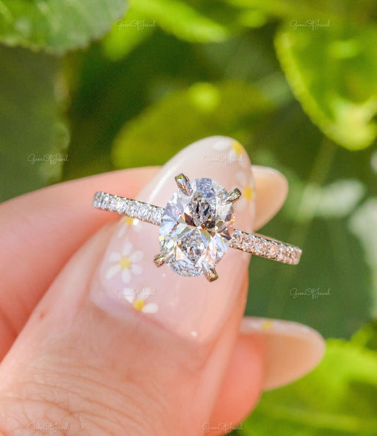 Oval Moissanite Diamond With Halo Of Round Moissanite Diamond With Eternity Band Engagement Ring, Oval Diamond With Halo Diamond Ring