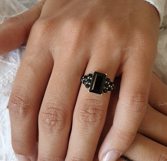 Black Moissanite Emerald Diamond Ring With Side Round Black Moissanite Diamond Ring For Her, Black Stone Ring, Black Moissanite Diamond Ring