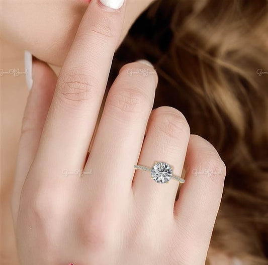 Round  Moissanite Diamond With Diamond On Bridge And Pave Diamond On Eternity , Round Moissanite Engagement Ring For Her, Round Diamond ring