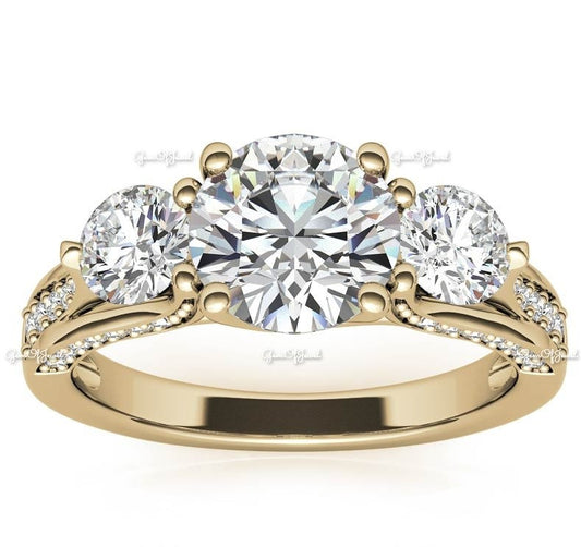 2 CT Round Moissanite Diamond With Side Round Moissanite Diamond Three Stone Engagement Ring With Pave Diamond Moissanite Ring For Her