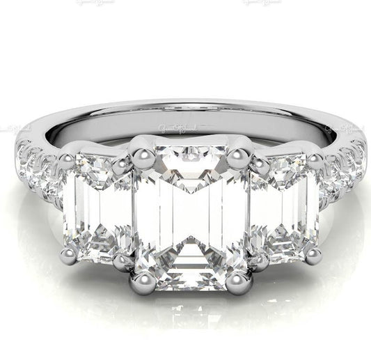 Emerald Moissanite Diamond With Side Emerald Cut Moissanite Three Stone Moissanite Diamond Engagement Ring, Three Stone Diamond Ring For Her