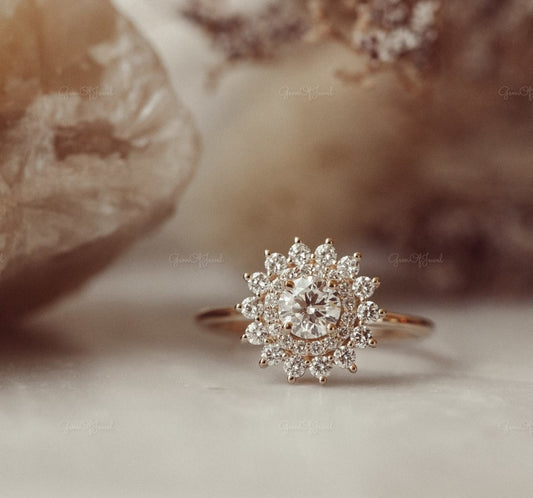 Round Moissanite Diamond Engagement Ring , Round Diamond Ring With Flower Shape Ring For Her, Flower Shape Diamond Ring