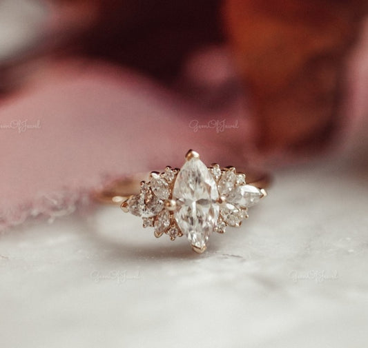 1CT Marquise Moissanite Engagement Ring With Side Marquise And Round Moissanite Diamond Engagement Ring For Her , Marquise Moissanite Ring