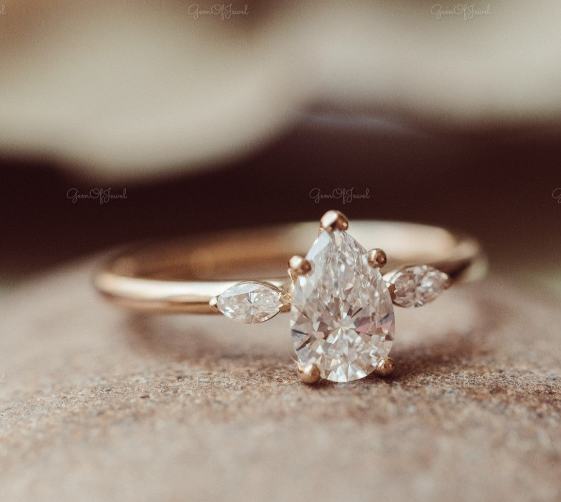 1 CT Pear Moissanite Diamond Engagement Ring With Side Marquise Moissanite Diamond Three Stone Diamond Ring , Marquise Diamond Ring For Her