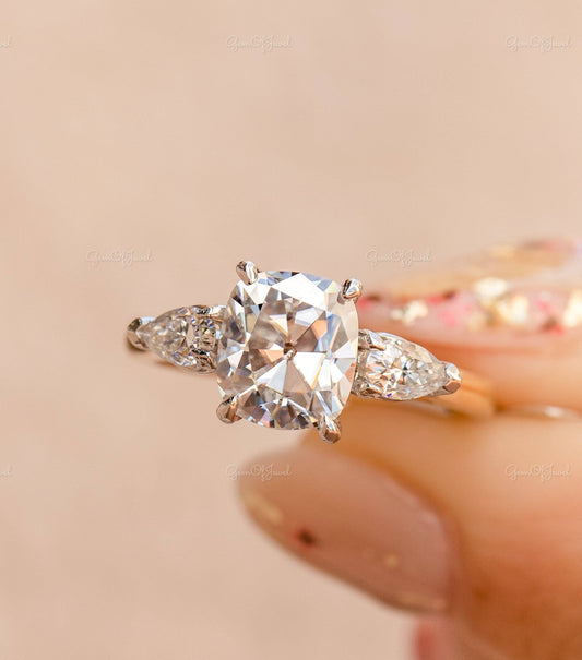 2CT Cushion Cut Moissanite Center Cushion Diamond With Side Pear Diamond Three Stone Ring Engagement ring For her, Cushion Diamond Ring