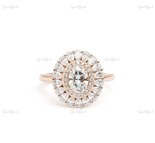 Oval Moissanite Diamond Ring With Pear Diamond Halo Ring, Oval Moissanite Diamond Halo With Pear Moissanite Diamond Flower Ring, Double halo