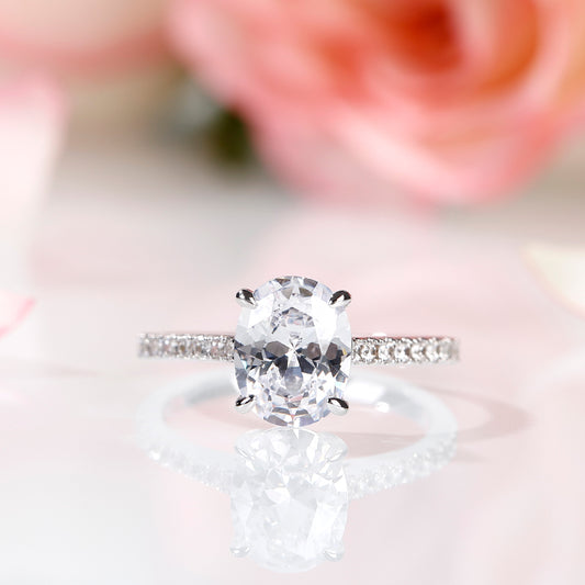 Oval Moissanite Diamond Engagement Ring With Half Pave Eternity Diamond On Band Ring For Her, Oval Moissanite Diamond Engagement Ring For Her
