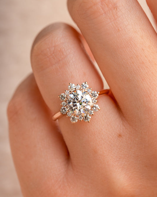 Round Moissanite Diamond 1CT Diamond With Flower Shape Halo of Round Moissanite Engagement Ring For Her, Moissanite Ring, Gift For her