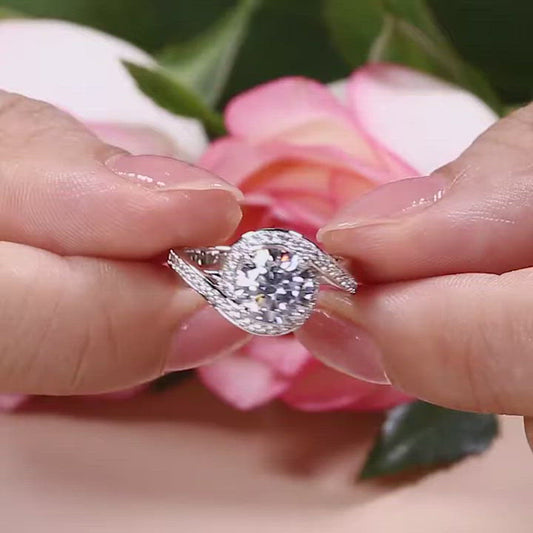 Round Moissanite Engagement Ring 1 Ct Moissanite Diamond Twist Halo White Gold Ring For her, Engagement Ring , Round Diamond Ring For he